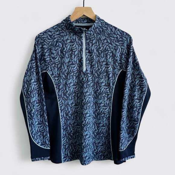 Peter Millar Womens Medium Navy White Leaf Pattern 1/4 Zip Pullover Top UPF 50+ - Picture 2 of 13